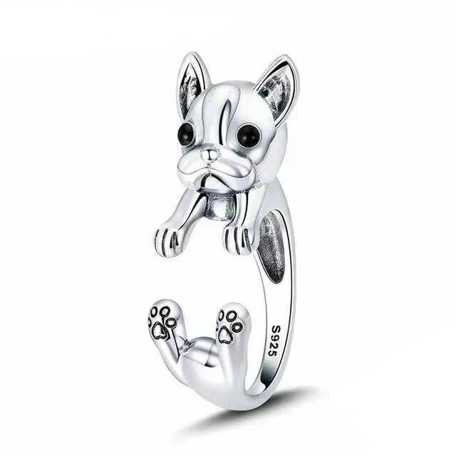 Anillo Ajustable Perro Bulldog Frances Plata 925-0