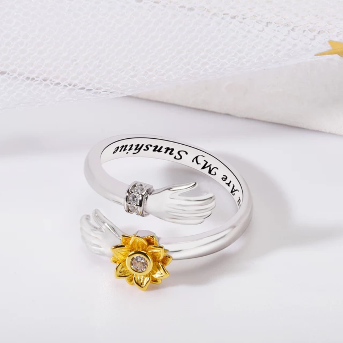 Anillo Plata 925 Abrazo Girasol Ajustable Giratorio-2