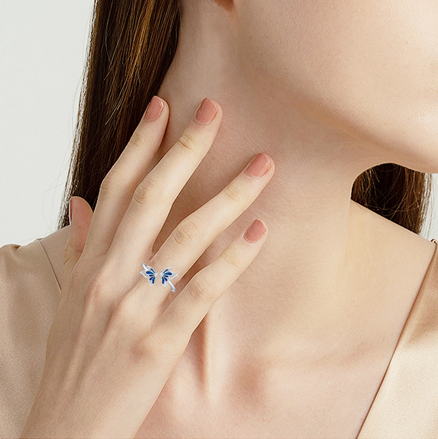 Anillo Plata 925 ajustable mariposa azul joya-3