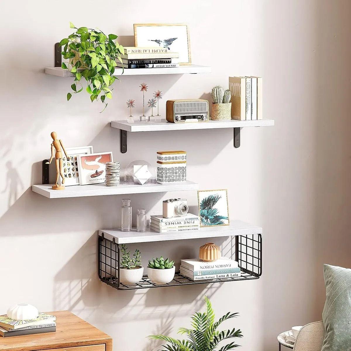Repisas Flotantes De Madera Modernas Set De 4 Con Reja Blanco-2