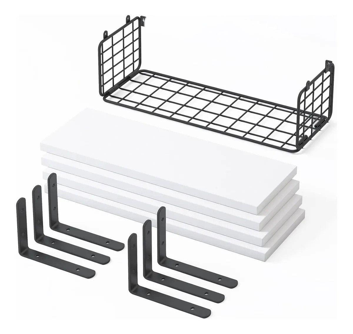 Repisas Flotantes De Madera Modernas Set De 4 Con Reja Blanco-3