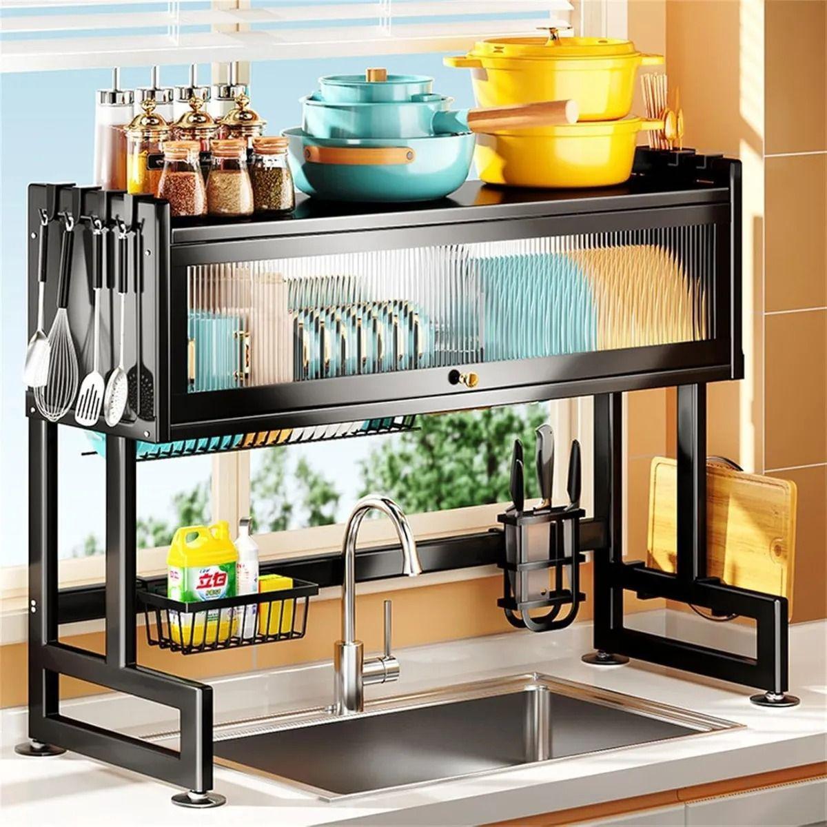 Secaplatos De Acero Inoxidable De Dos Niveles Grande Negro-3