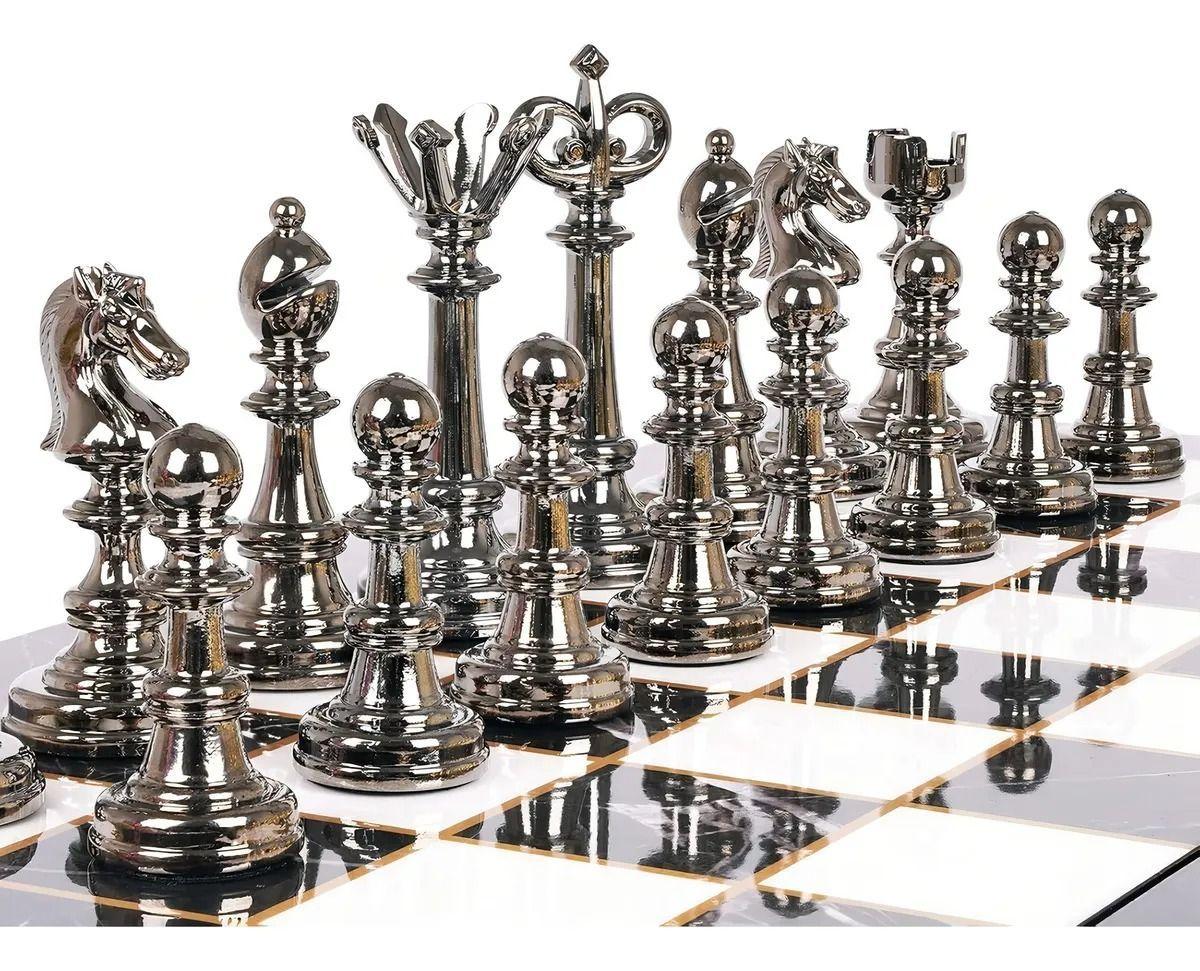 Set De Ajedrez Dama Plegable Tipo Marmol Con Piezas De Metal-2