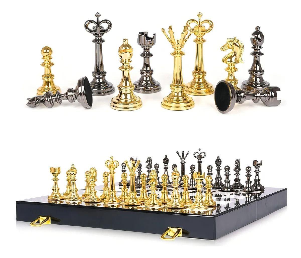 Set De Ajedrez Dama Plegable Tipo Marmol Con Piezas De Metal-3