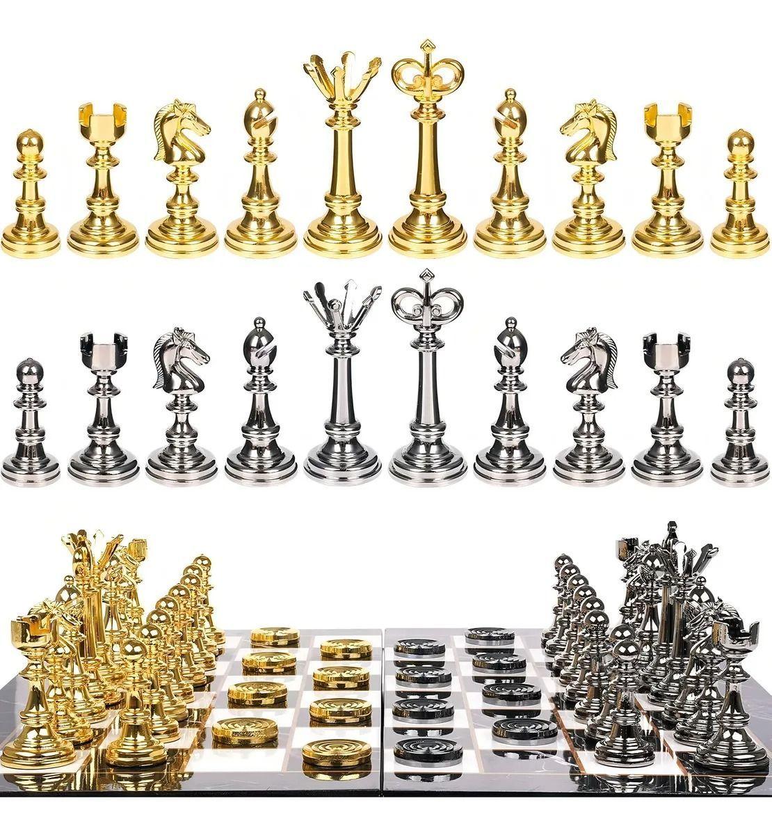Set De Ajedrez Dama Plegable Tipo Marmol Con Piezas De Metal-4