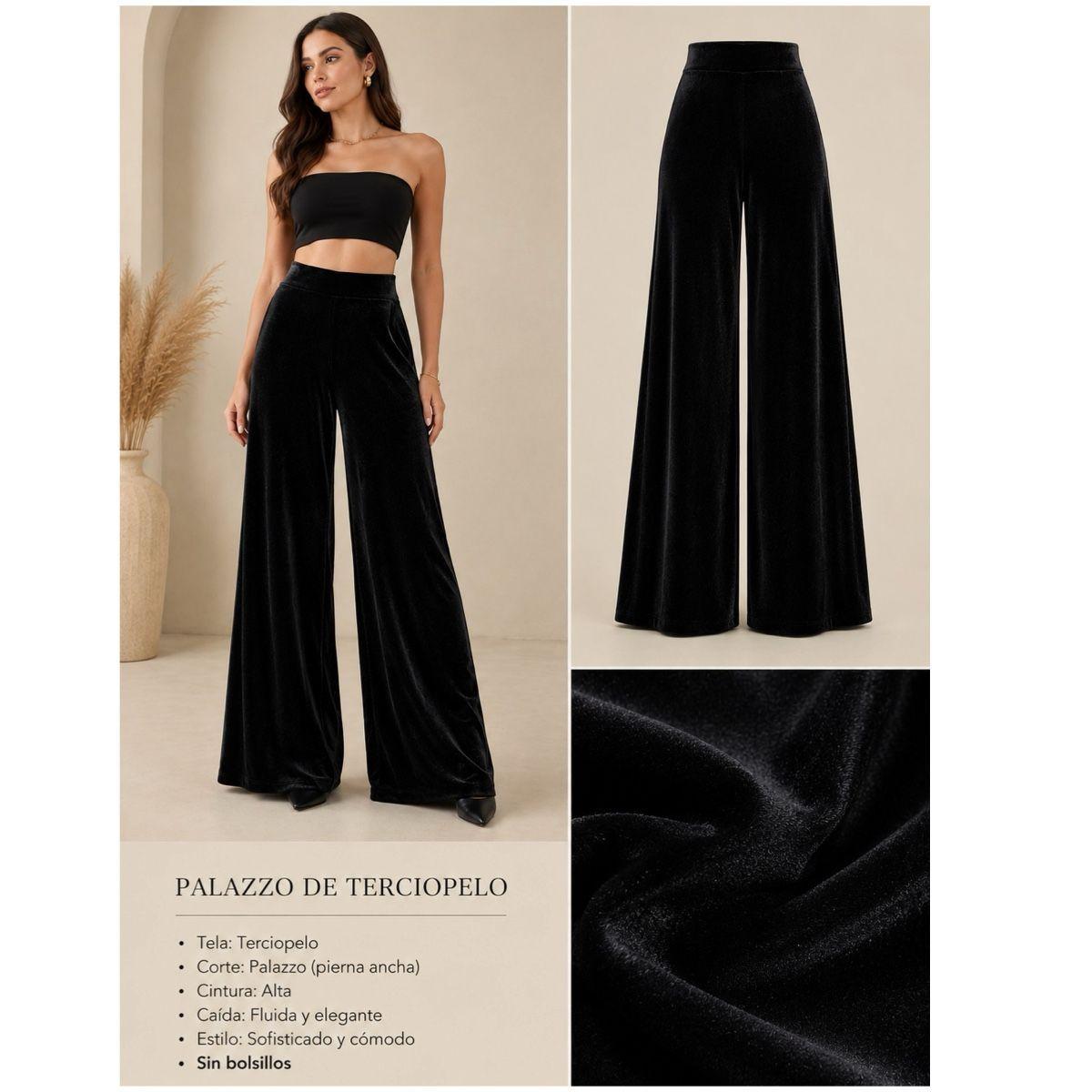 Pantalon Palazzo Negro Terciopelo Premium Mujer-2