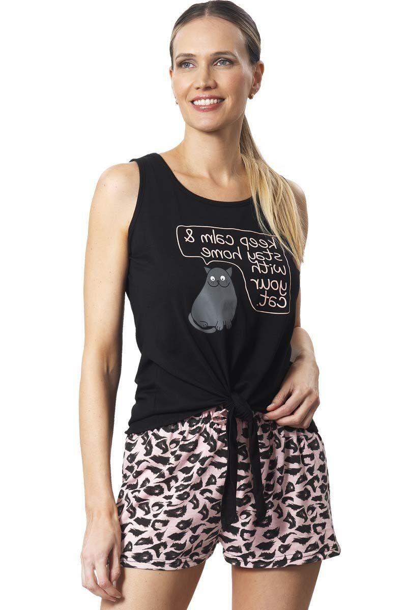 Pijama Algodón Short Polerasin Manga Estampado Gato-2