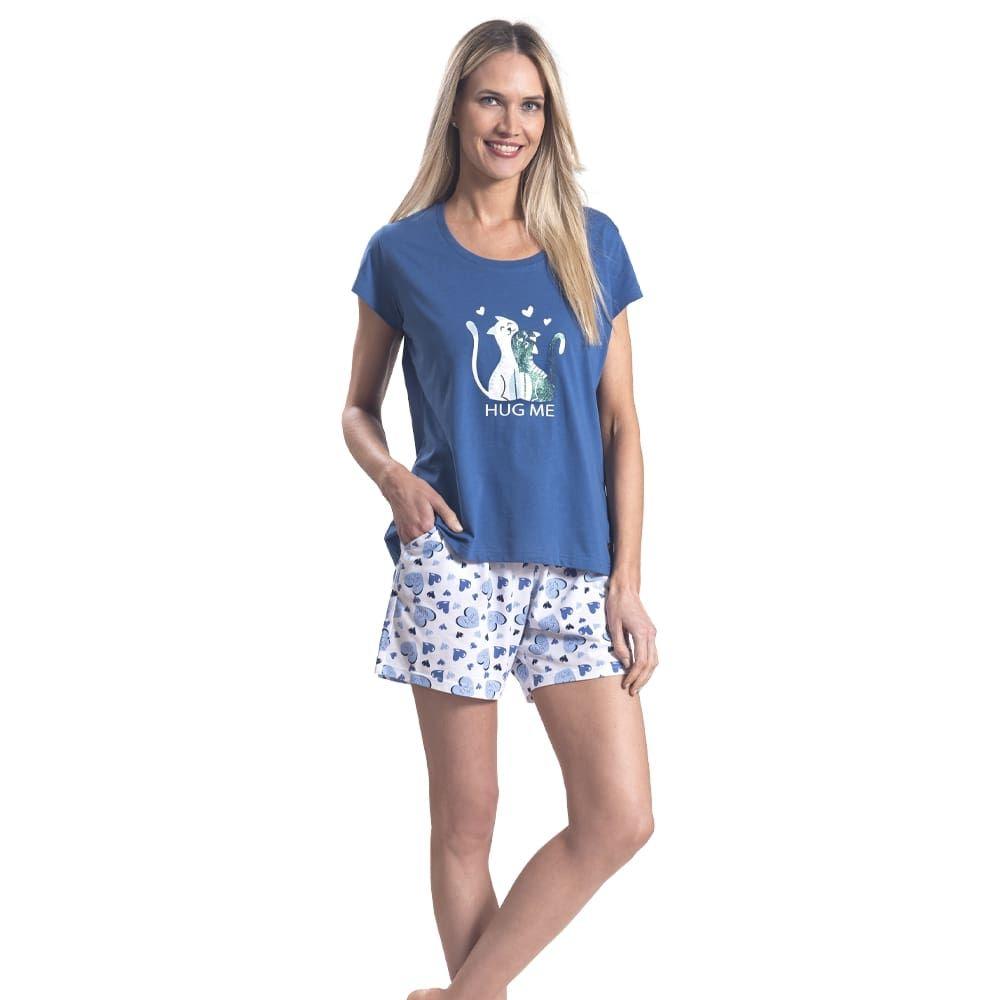 Pijama Algodón Short, Polera Manga Corta Local Print Gatitos-1
