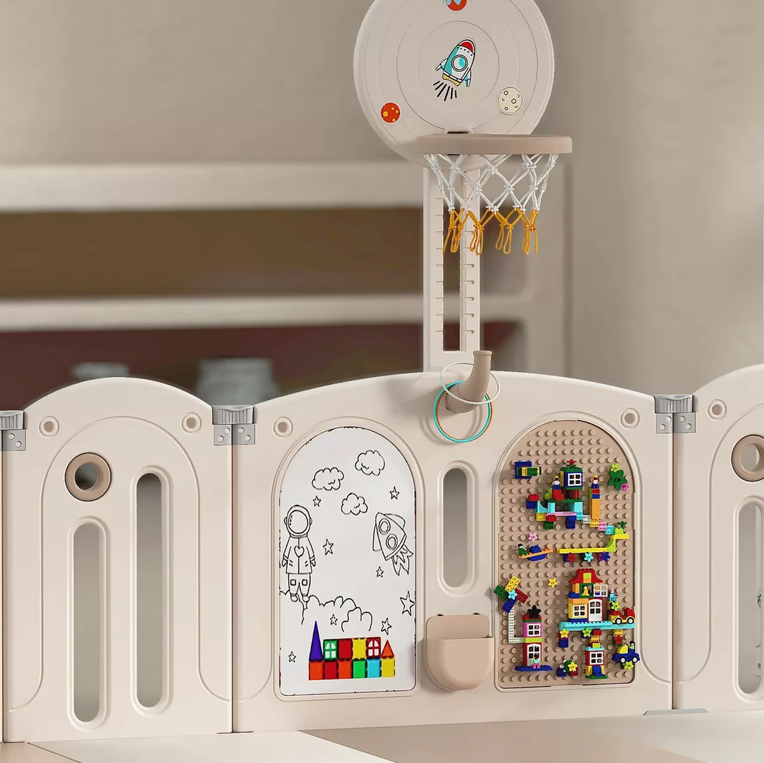 Corral para bebe con juegos Seguro y resistente con Pizarra Legos y Aro Basket-5