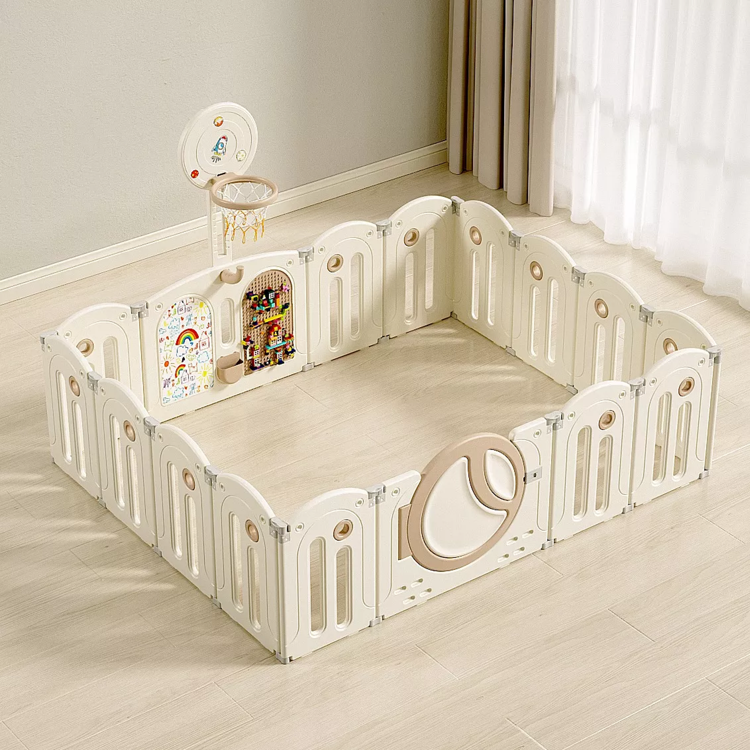 Corral para bebe con juegos Seguro y resistente con Pizarra Legos y Aro Basket-6
