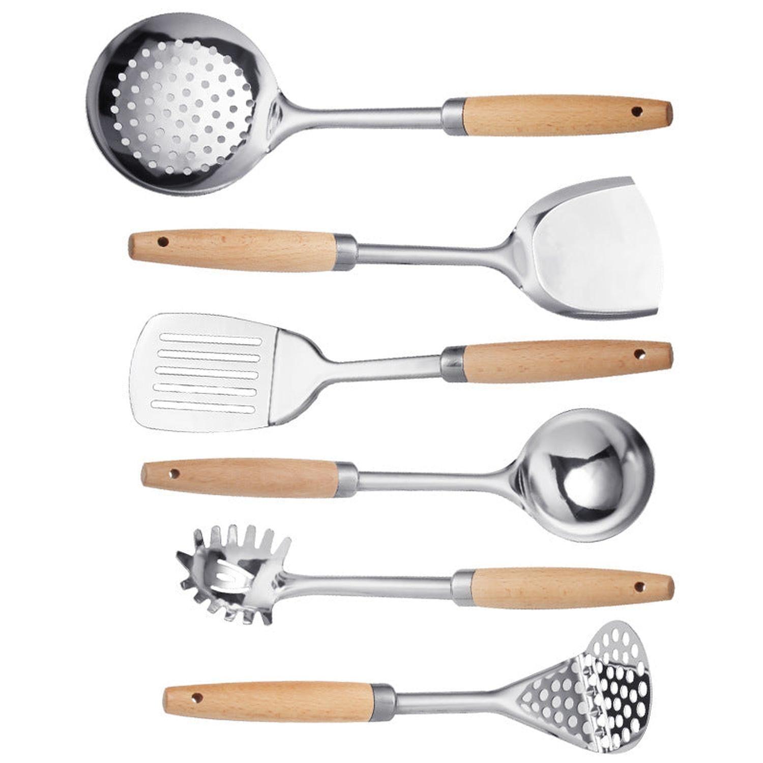 Juego De 6 Utensilios Cocina Acero Inoxidable Mango Madera-0