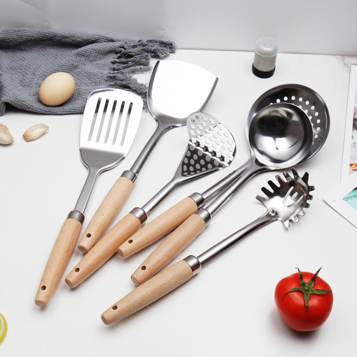 Juego De 6 Utensilios Cocina Acero Inoxidable Mango Madera-4