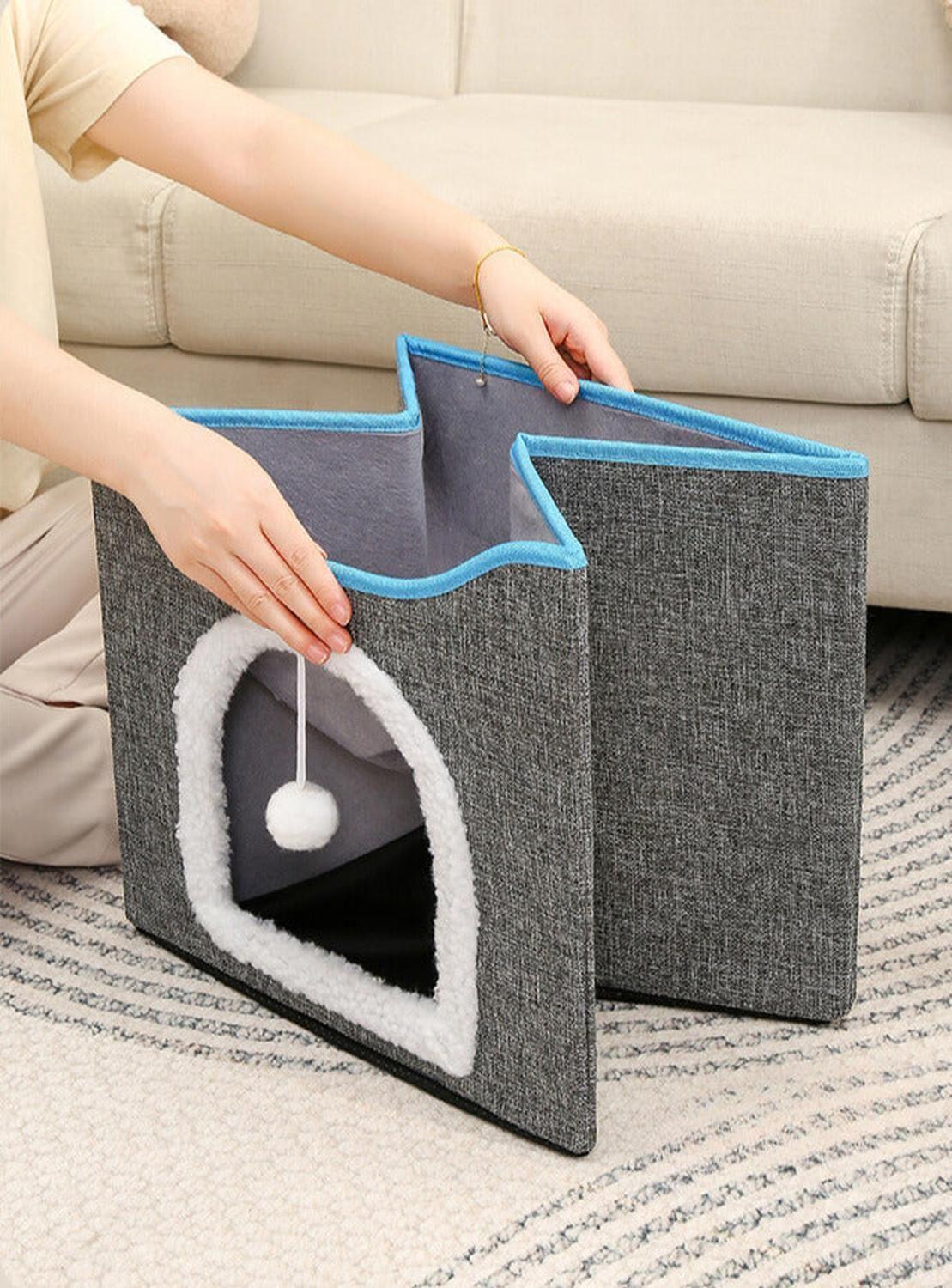 Cama Para Gato Tipo Casita de 2 Niveles Plegable Con Rascador-3
