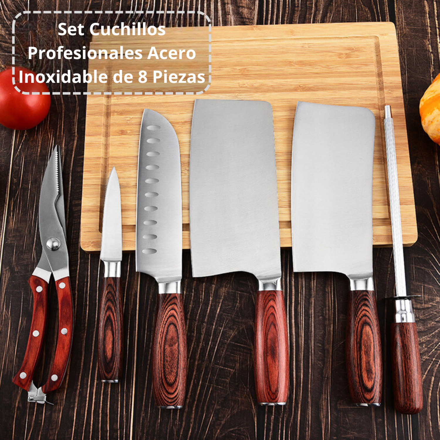 Set Cuchillos Profesionales Acero Martensitico 8 Pzs Con Base Y Tabla Para Cortar-4