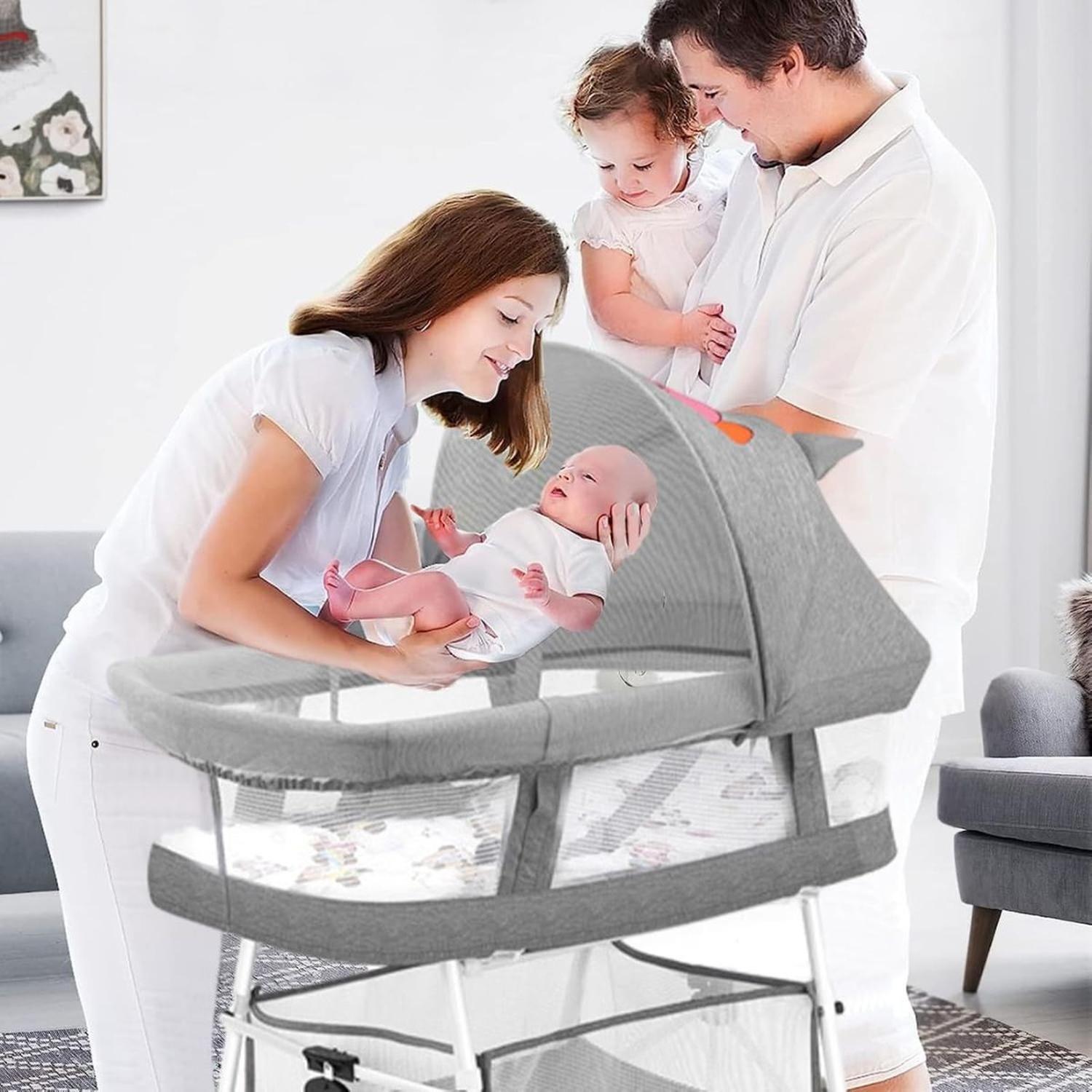 Cuna de bebé Moises Portátil Plegable 3 en 1 Gris Con Ruedas-2