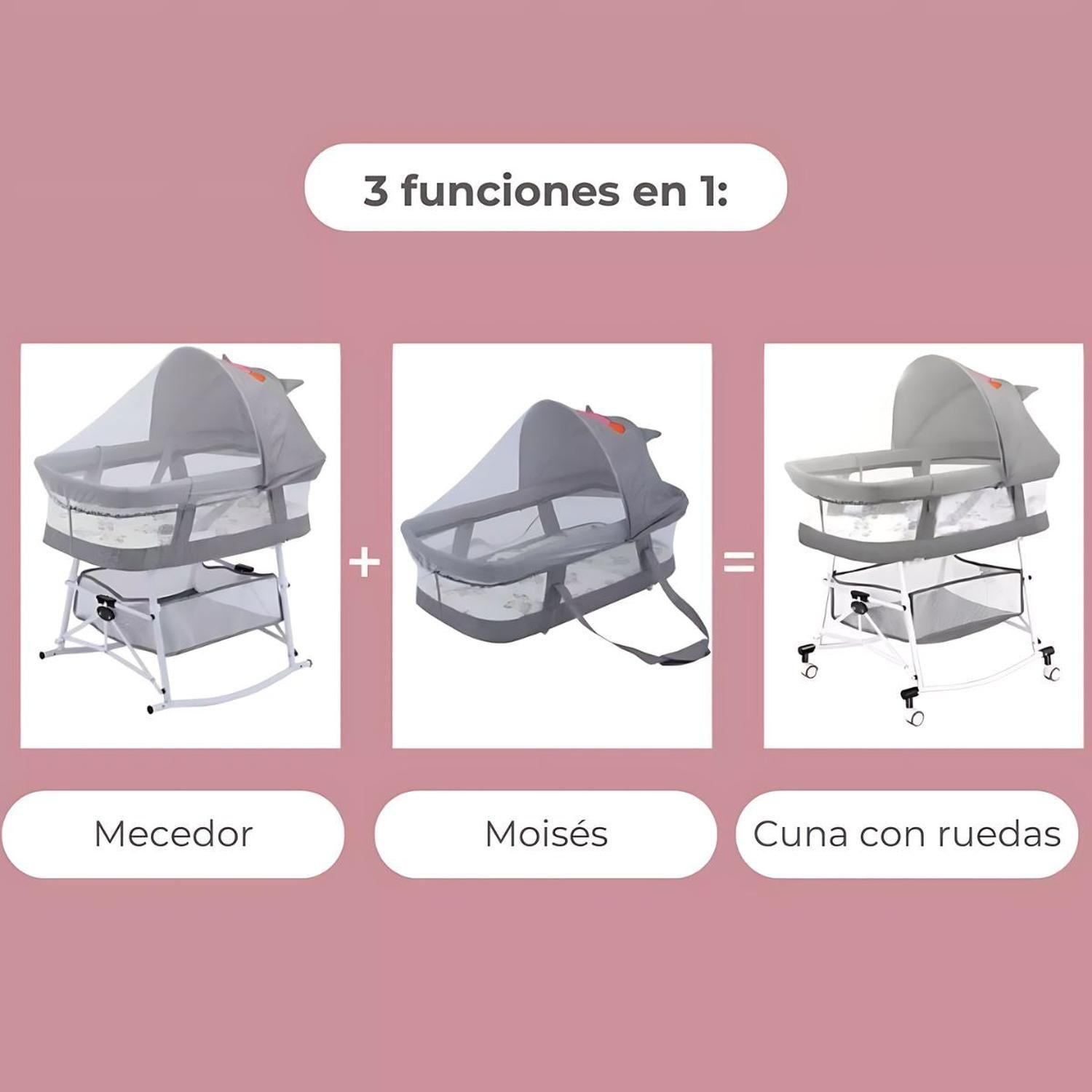 Cuna de bebé Moises Portátil Plegable 3 en 1 Gris Con Ruedas-4