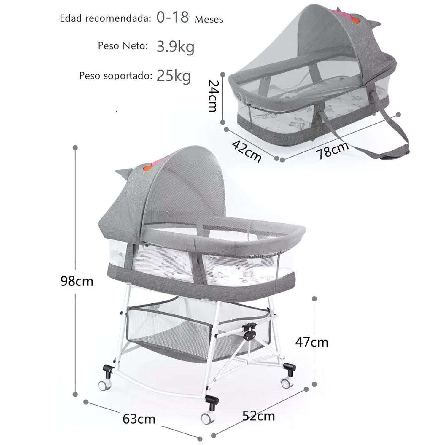 Cuna de bebé Moises Portátil Plegable 3 en 1 Gris Con Ruedas-7