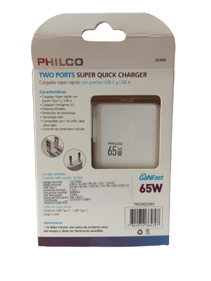 CARGADOR PHILCO SÚPER RÁPIDO USB 3.0 65W Q.N PASIÓN TECNO-1