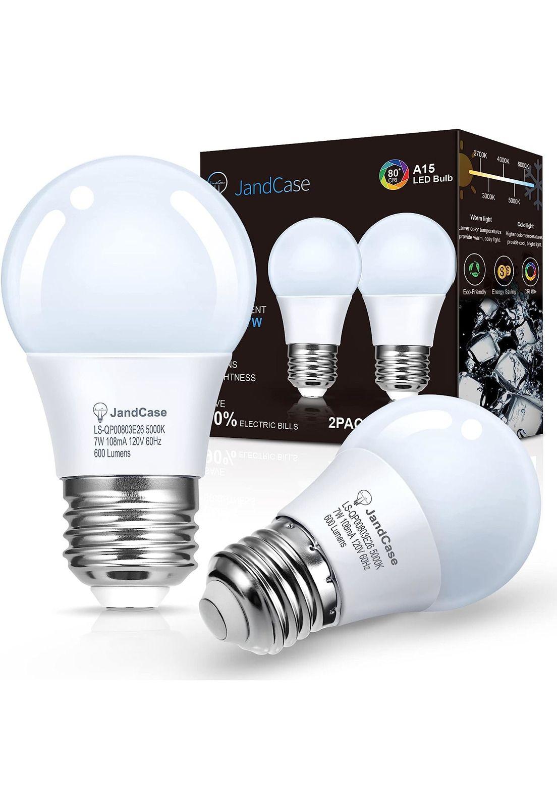 JandCase - Bombilla de luz para refrigerador de 7 W, bombilla LED A15, equivalente a 60 vatios, luz diurna blanca 5000K, 600LM, impermeable para electrodomésticos, ventilador de techo, no regulable-0