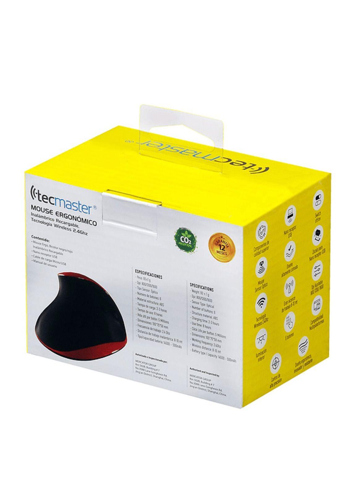 Tecmaster Mouse Ergonómico Inalámbrico Recargable Negro Rojo-3