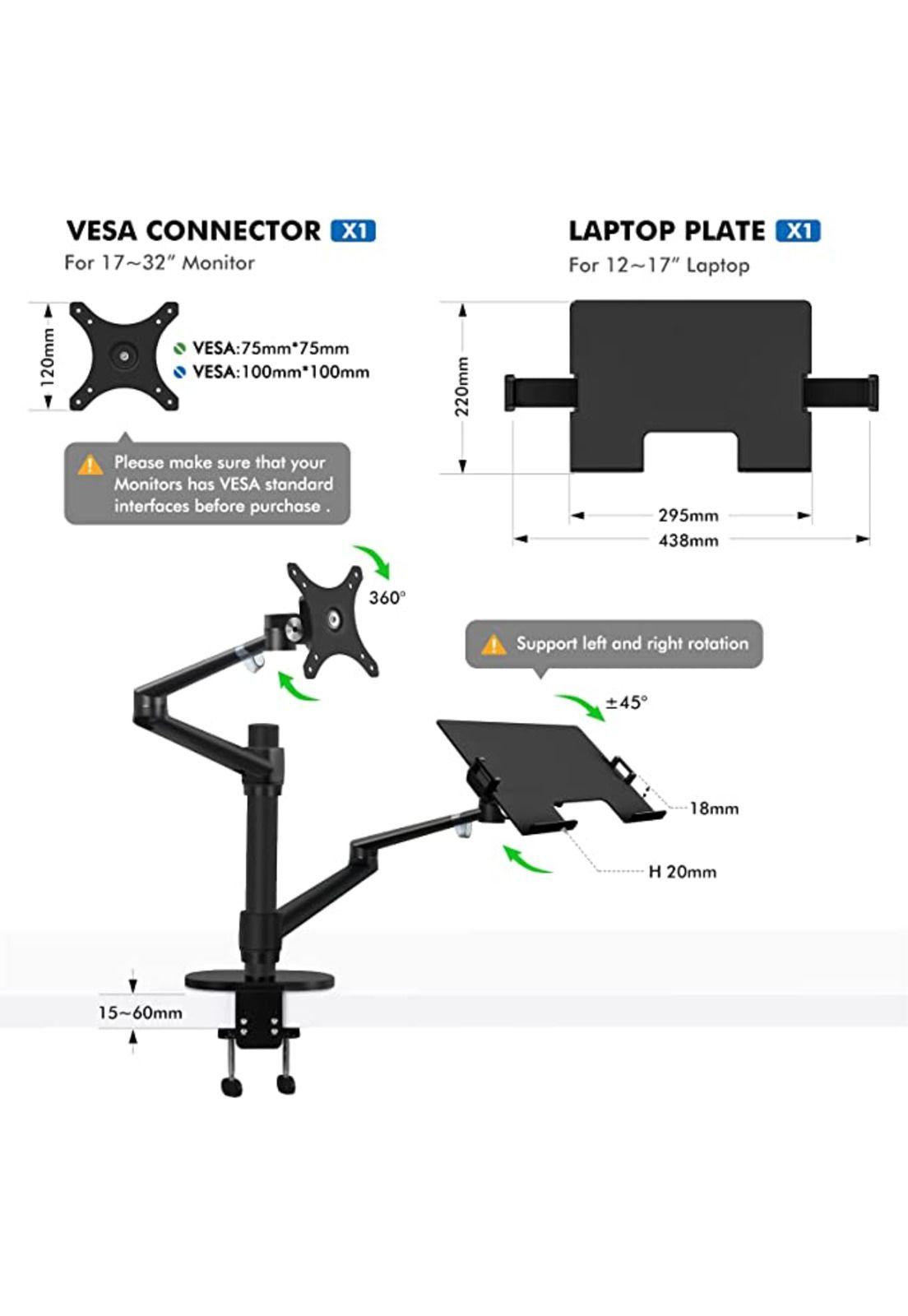 VIOZON - Soporte Black Monitor y Laptop 2 en 1 - Ajustable 17" a 32" doble brazo soporte de escritorio para pantallas LCD de 17 a 32 pulgadas-3