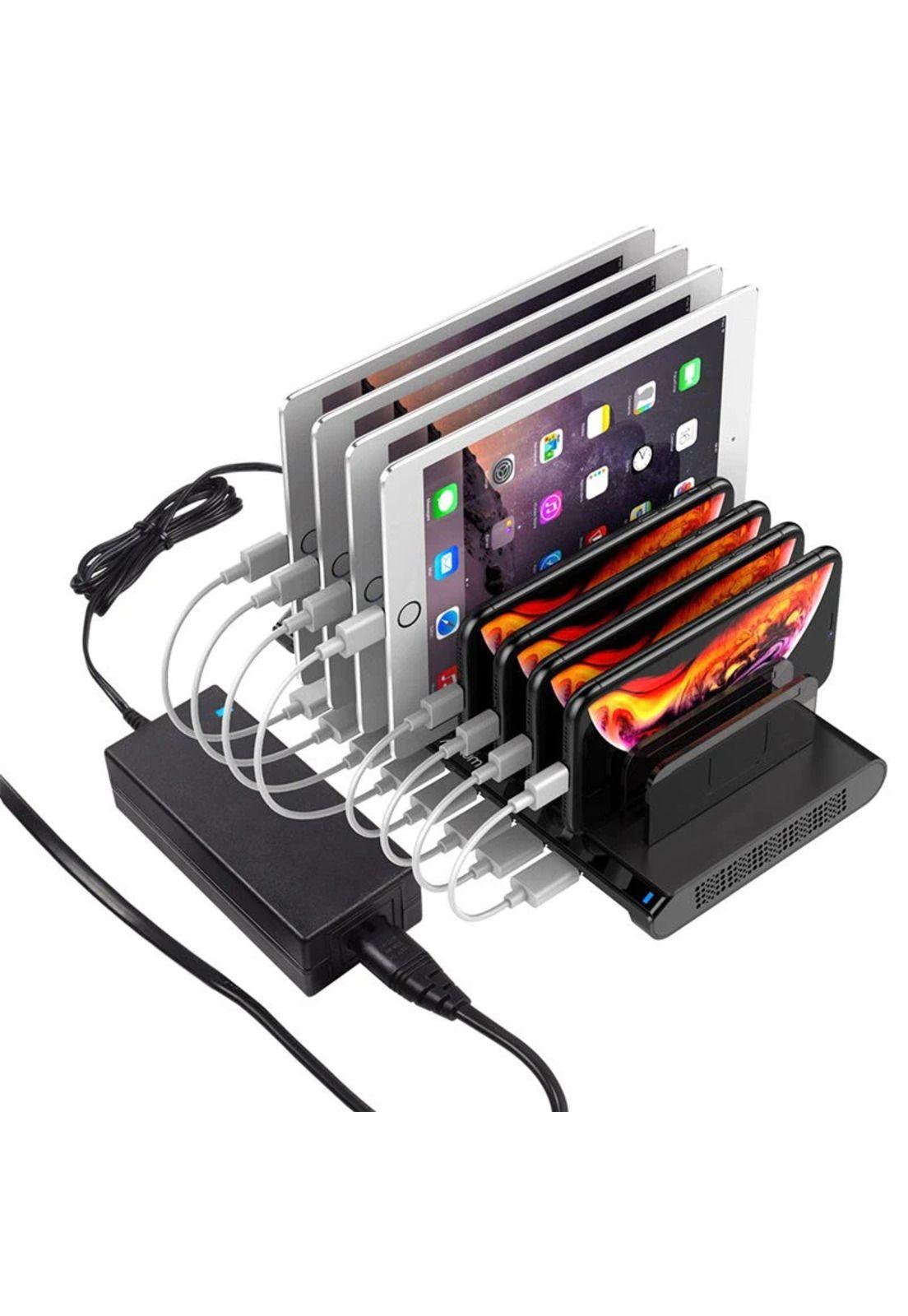 Alxum Estación de carga para iPad, estación de acoplamiento y organizador de teléfono de 108 W con 10 puertos con separadores ajustables y IC inteligente, cargador USB multidispositivos para iPhone, Samsung Galaxy, teléfono celular, Apple, tableta-0