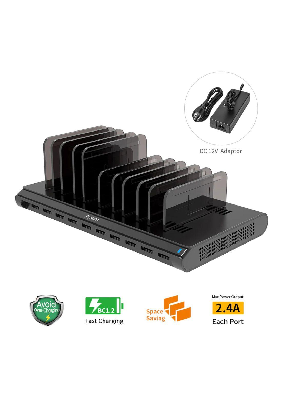 Alxum Estación de carga para iPad, estación de acoplamiento y organizador de teléfono de 108 W con 10 puertos con separadores ajustables y IC inteligente, cargador USB multidispositivos para iPhone, Samsung Galaxy, teléfono celular, Apple, tableta-2