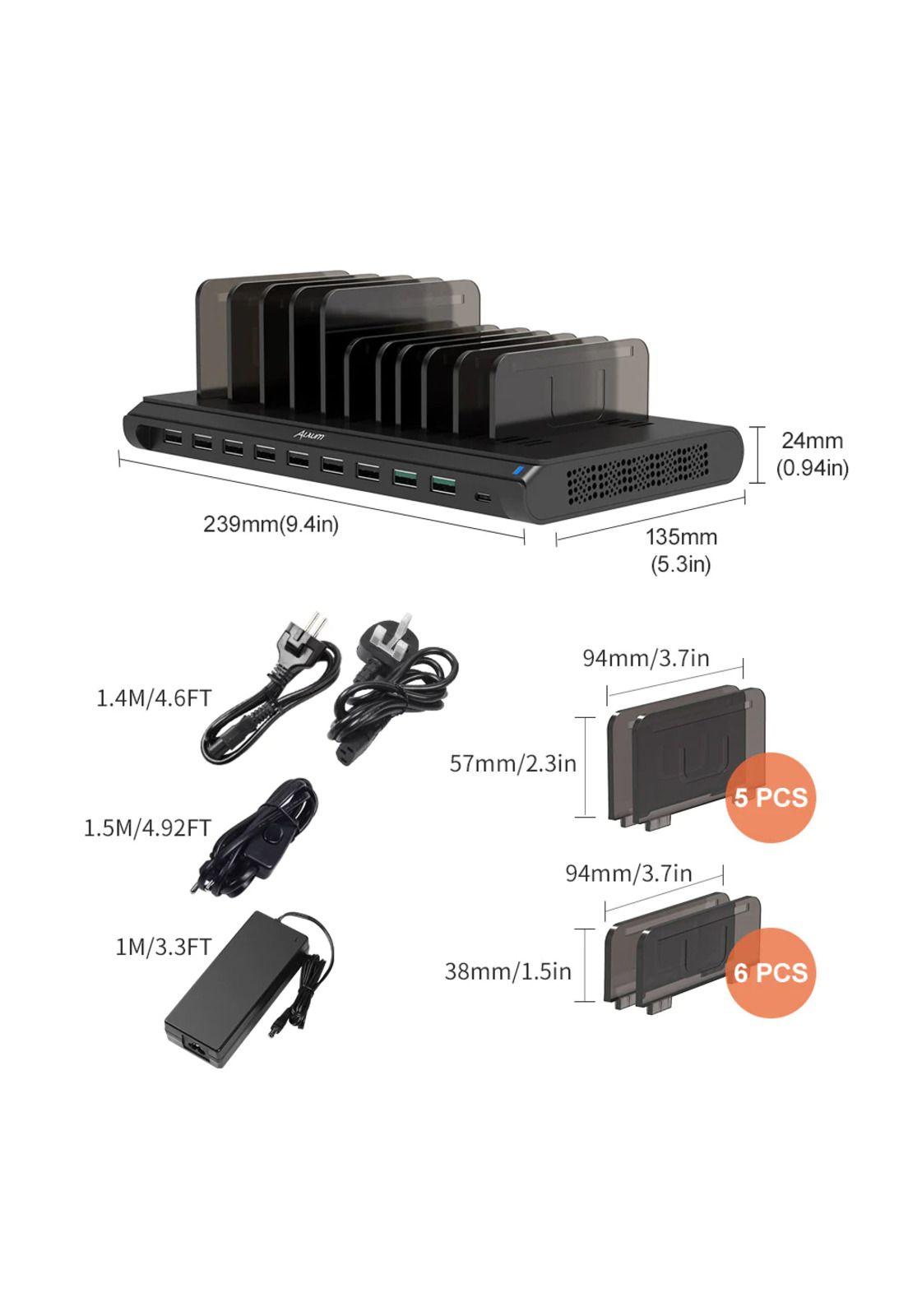 Alxum Estación de carga para iPad, estación de acoplamiento y organizador de teléfono de 108 W con 10 puertos con separadores ajustables y IC inteligente, cargador USB multidispositivos para iPhone, Samsung Galaxy, teléfono celular, Apple, tableta-6