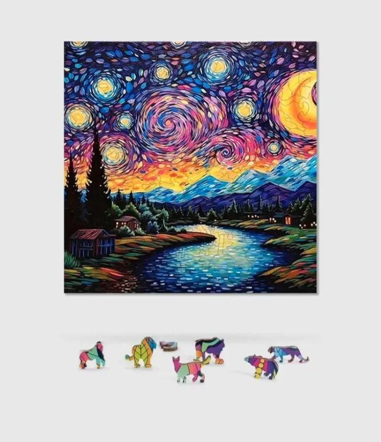 Rompecabezas Puzzle Madera A4 Noche Estrellada Van Gogh-2