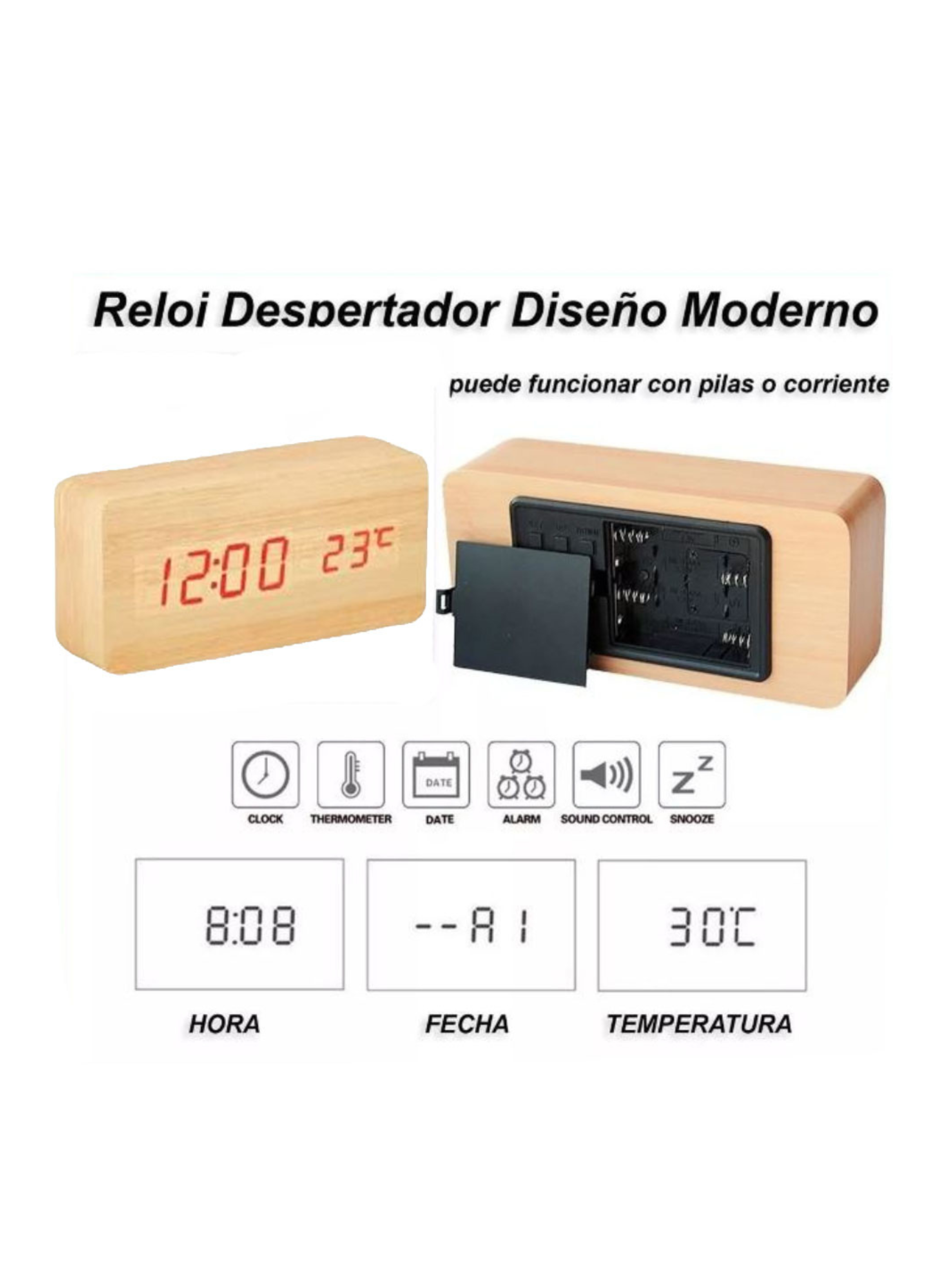 RELOJ DESPERTADOR DIGITAL MADERA CAFE LUZ LED AK82-1