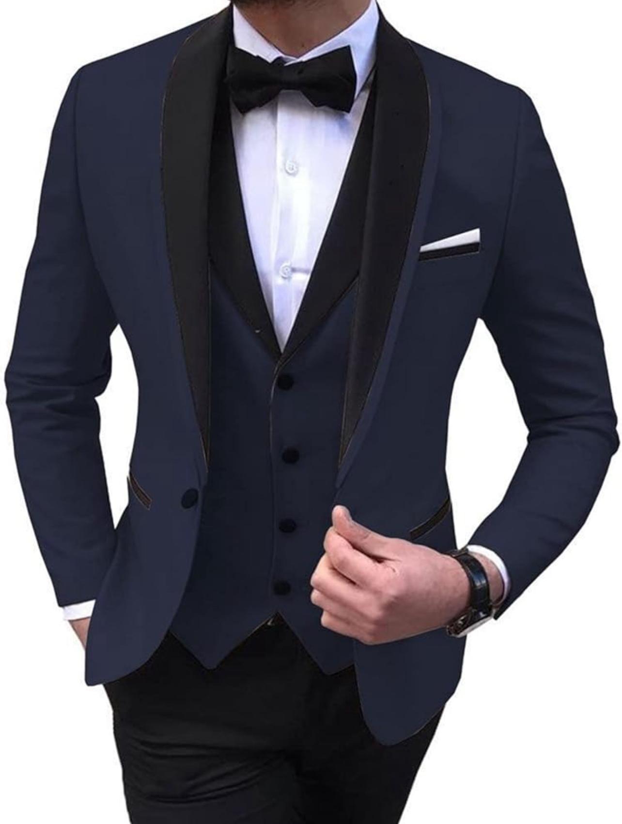 Traje Elegante de 4 piezas,boda  azul marino combine con pantalones negros-3