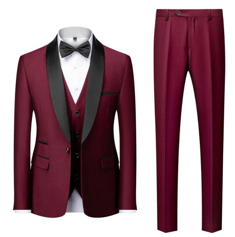 Traje Negro con solapa burdeo de boda de tres piezas para hombre-2