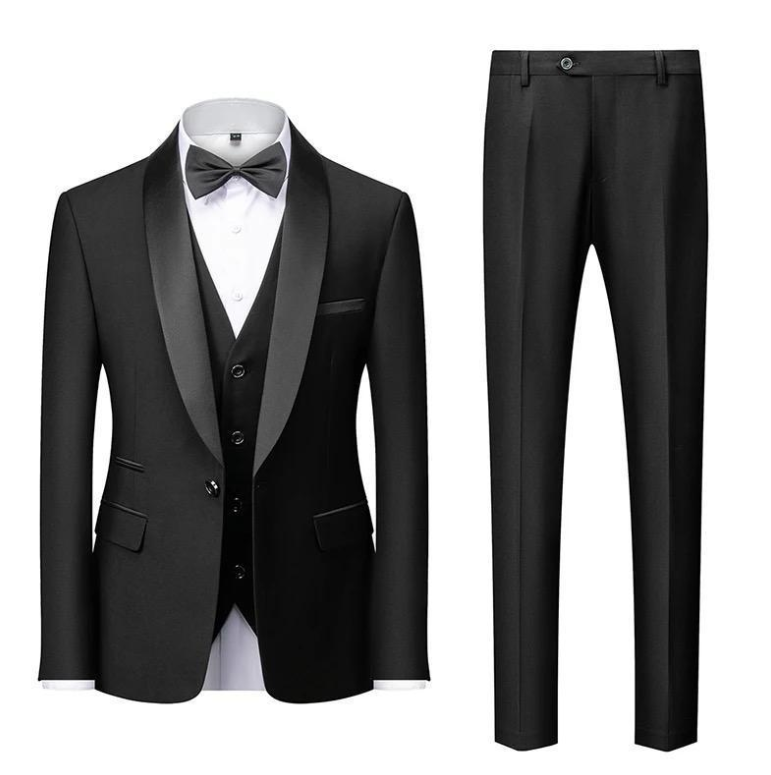 Traje Negro con solapa burdeo de boda de tres piezas para hombre-3