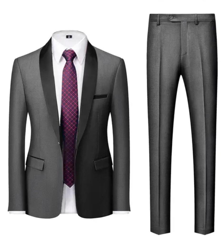 Traje Negro con solapa burdeo de boda de tres piezas para hombre-4
