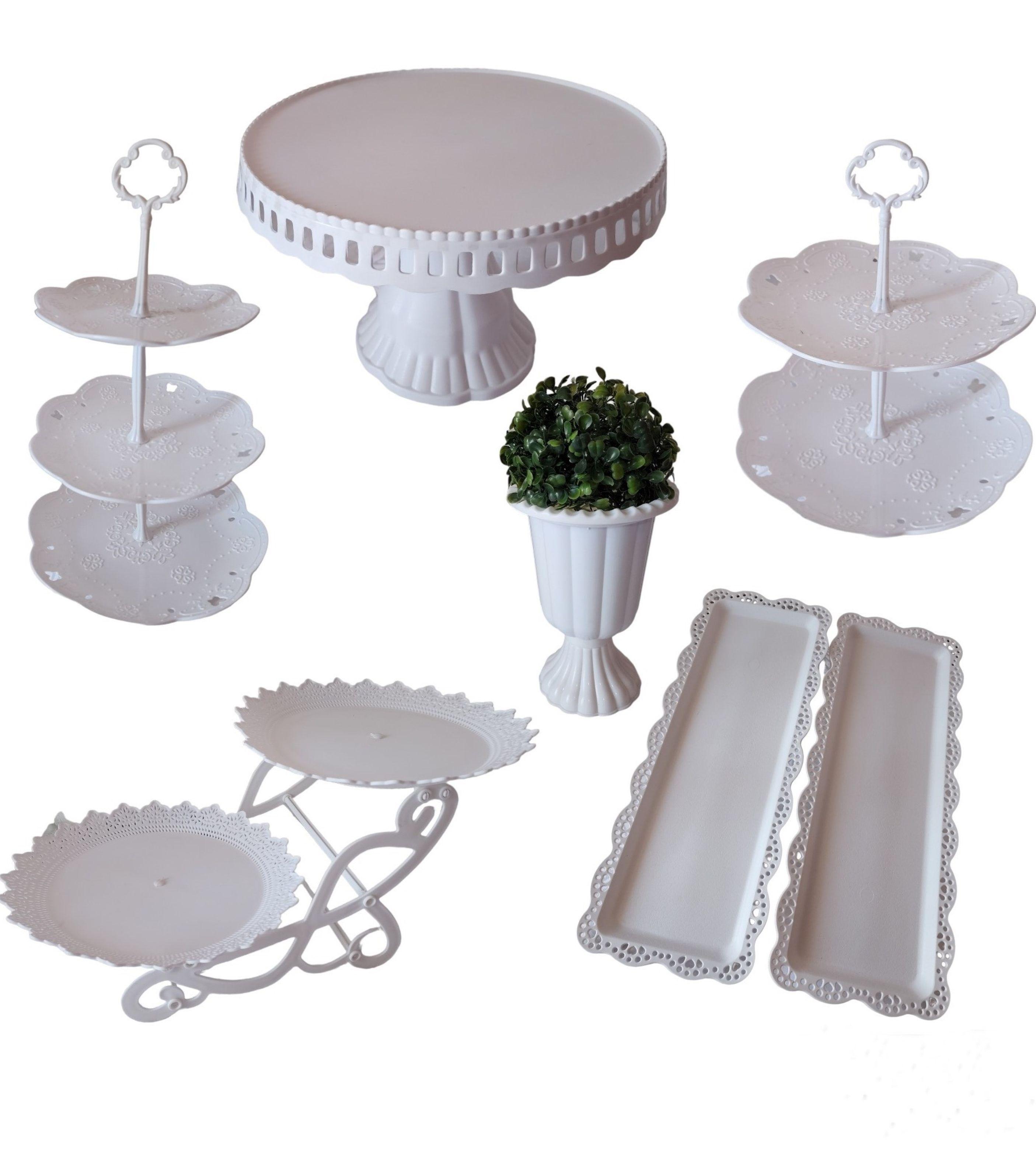 Set 8 Piezas Candy Bar (Porta Torta, Porta Cupcake, Bandeja, Florero) - Blanco-0