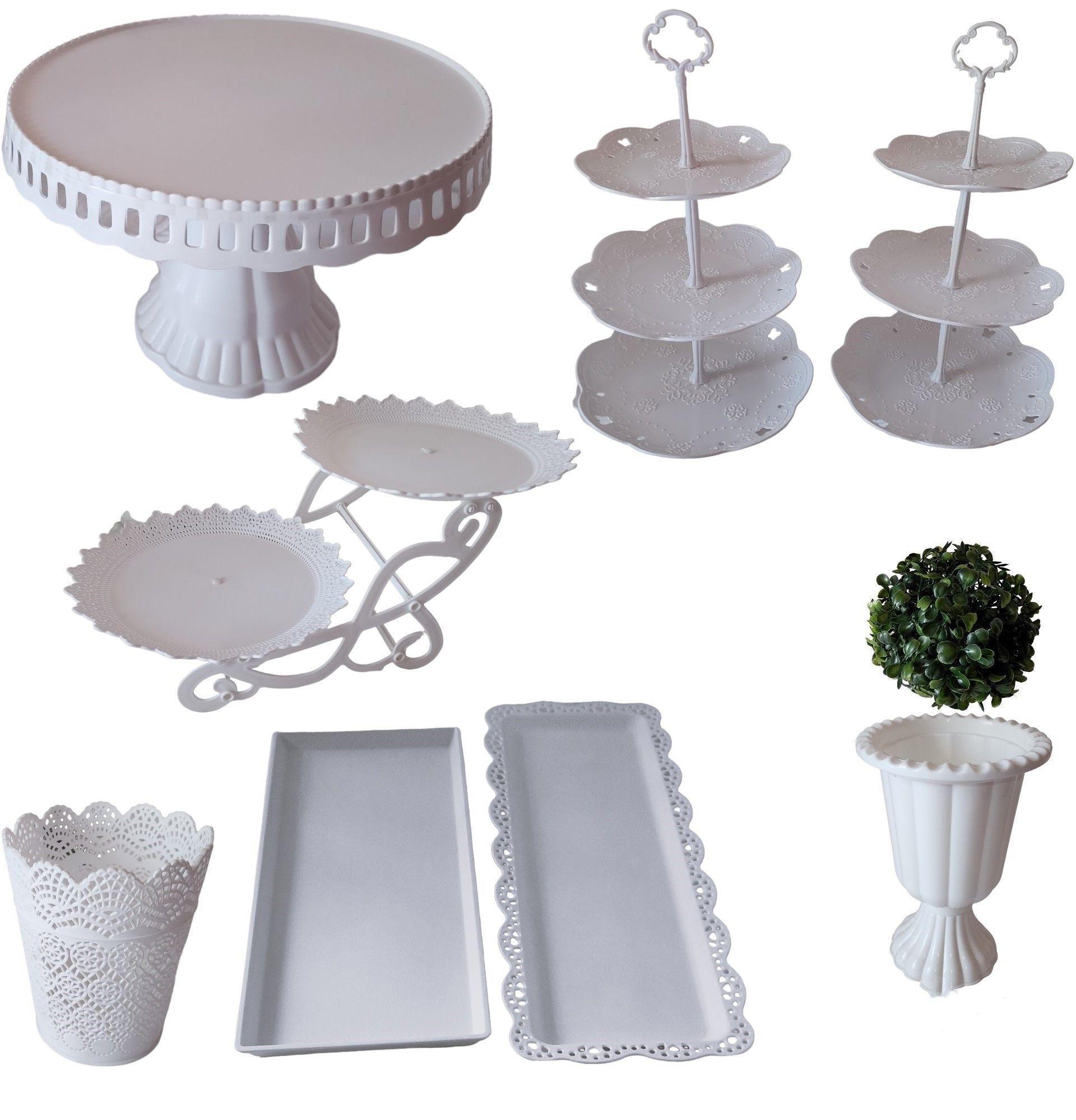Set 9 Piezas Candy Bar (Porta Torta, Porta Cupcake, Bandeja, Canasto) - Blanco-0