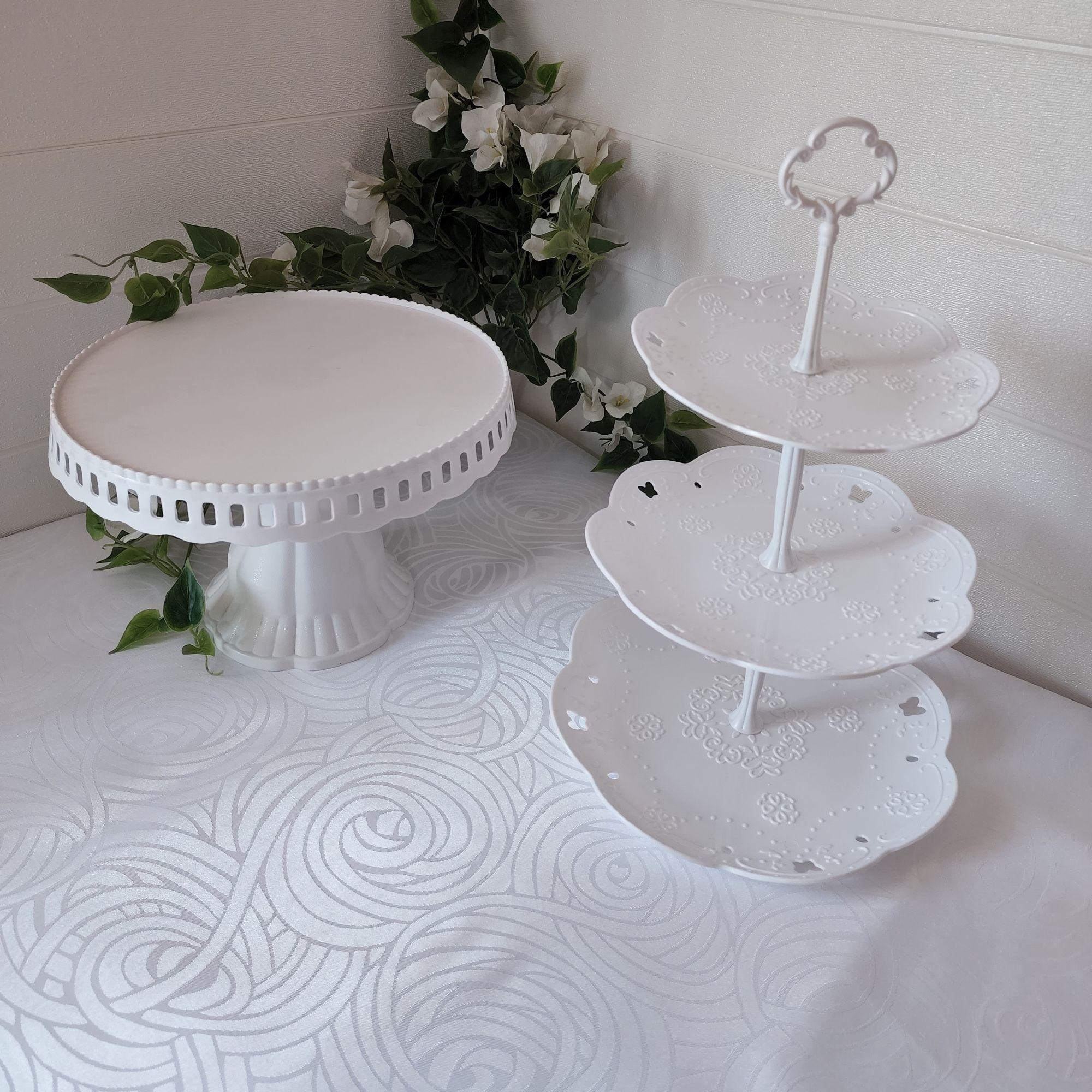 Set 7 Piezas Candy Bar (Porta Torta, Porta Cupcake, Bandeja, Adorno) - Blanco-2