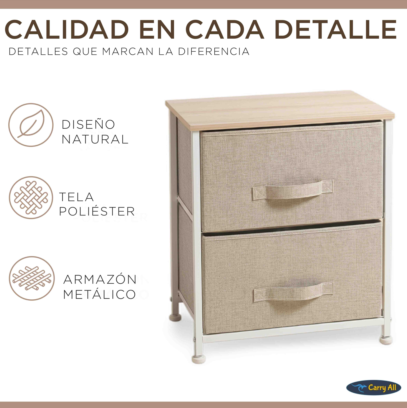 Velador Cajonera 2 Cajones Metal Madera Tela Premium-2