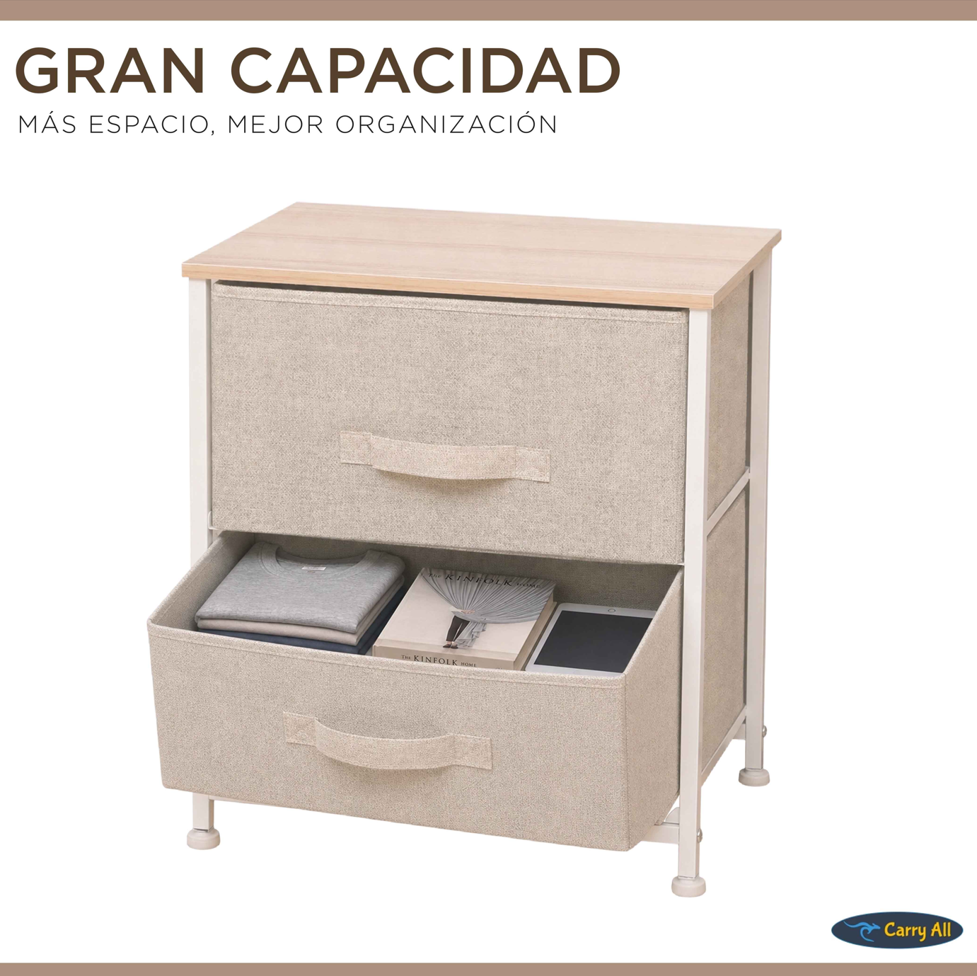 Velador Cajonera 2 Cajones Metal Madera Tela Premium-3