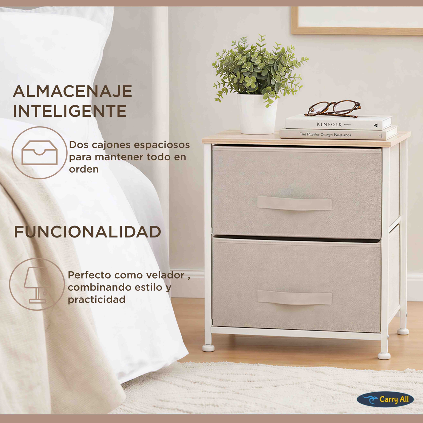 Velador Cajonera 2 Cajones Metal Madera Tela Premium-5