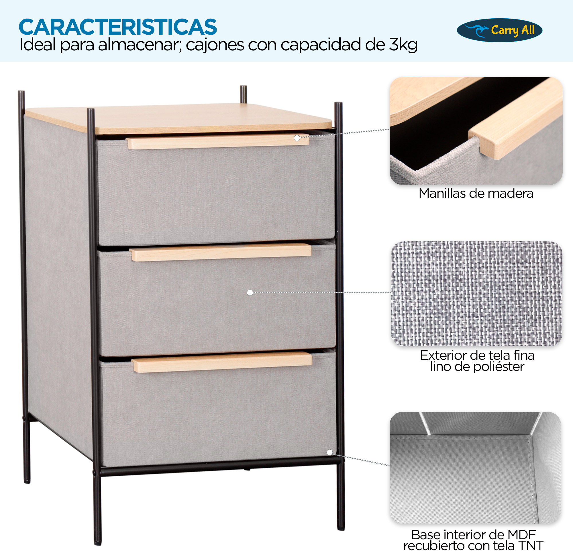 Velador Cajonera 3 Cajones Carry All Línea Minimalist -2