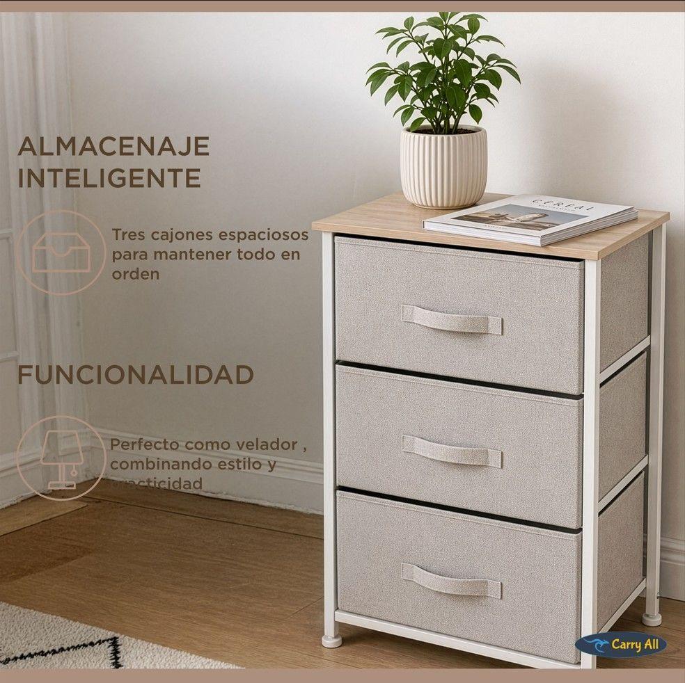Cajonera Velador Organizador 3 Cajones Metal Madera Tela-6