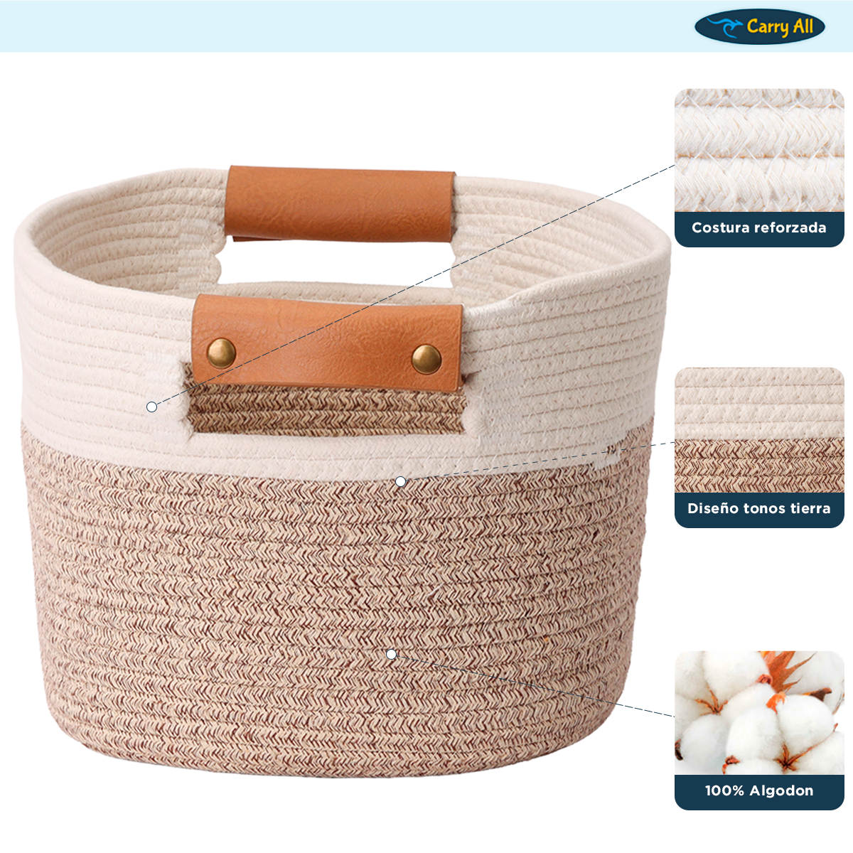 Canasto Cesta Organizadora De Algodón Carry All Tonos Tierra M-3