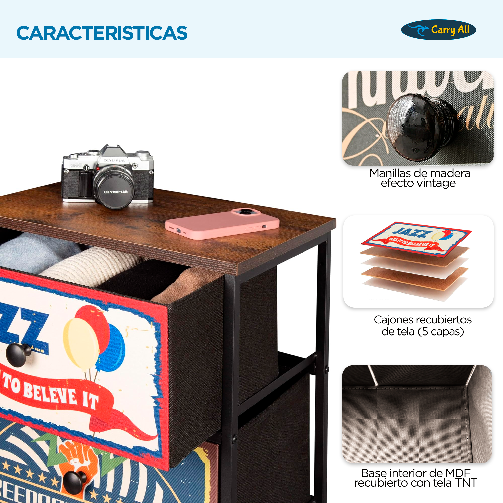 Velador Cajonera 3 Cajones Carry All® Línea Vintage-2