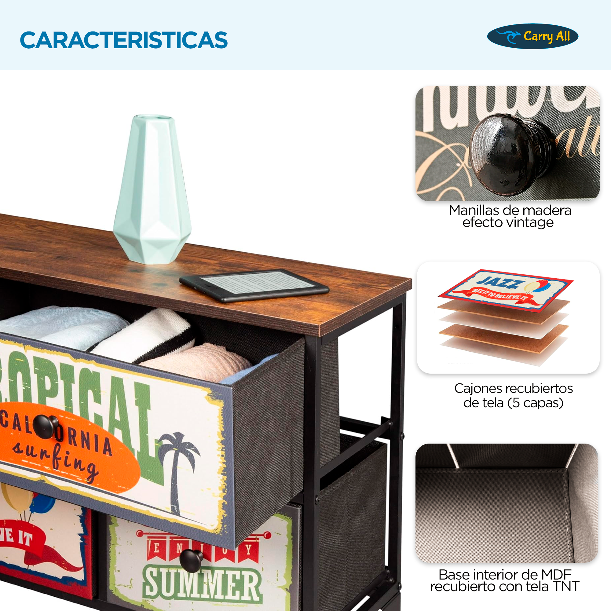 Mueble Cajonera 5 Cajones Decorados Carry All® Línea Vintage-2