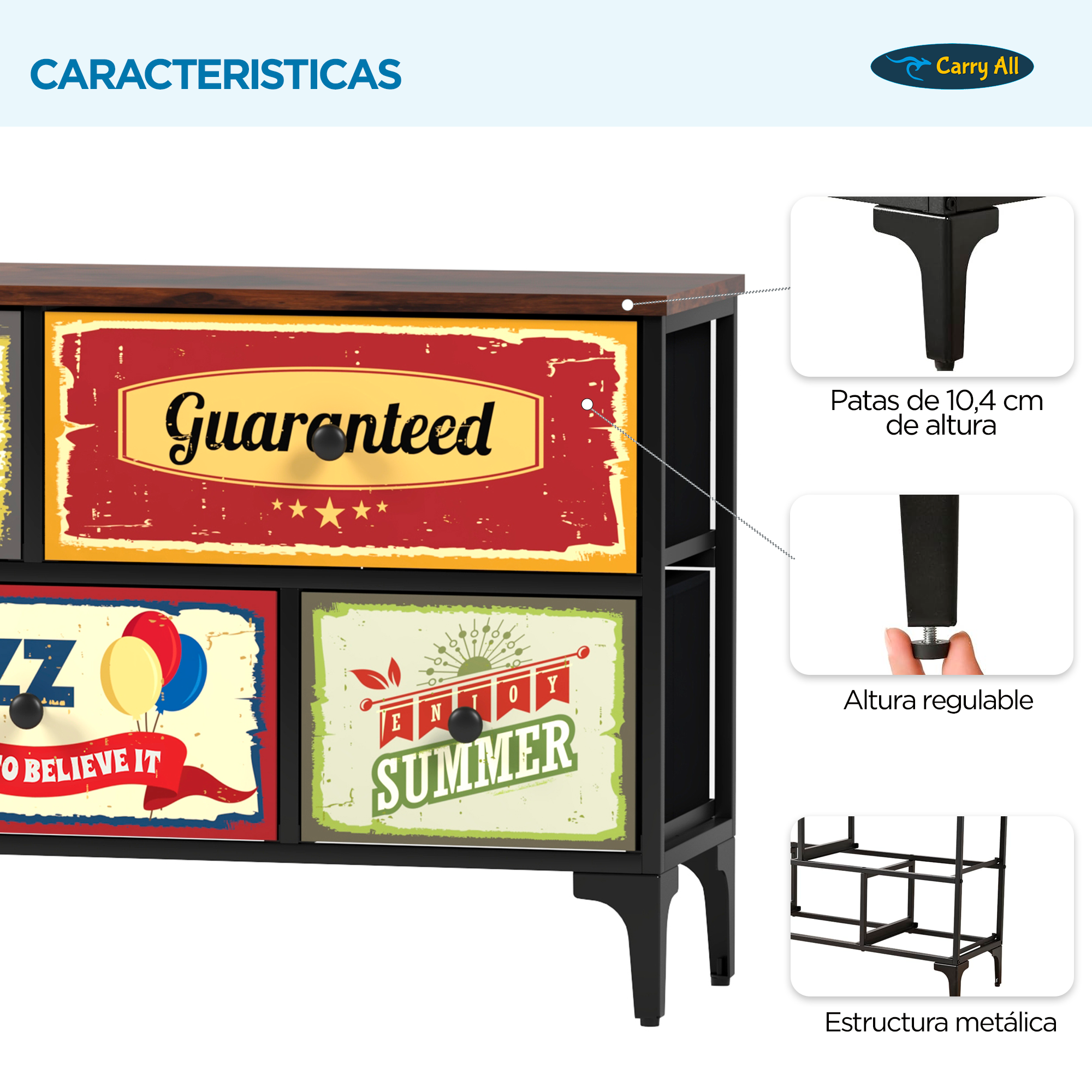 Mueble Cajonera 5 Cajones Decorados Carry All® Línea Vintage-3