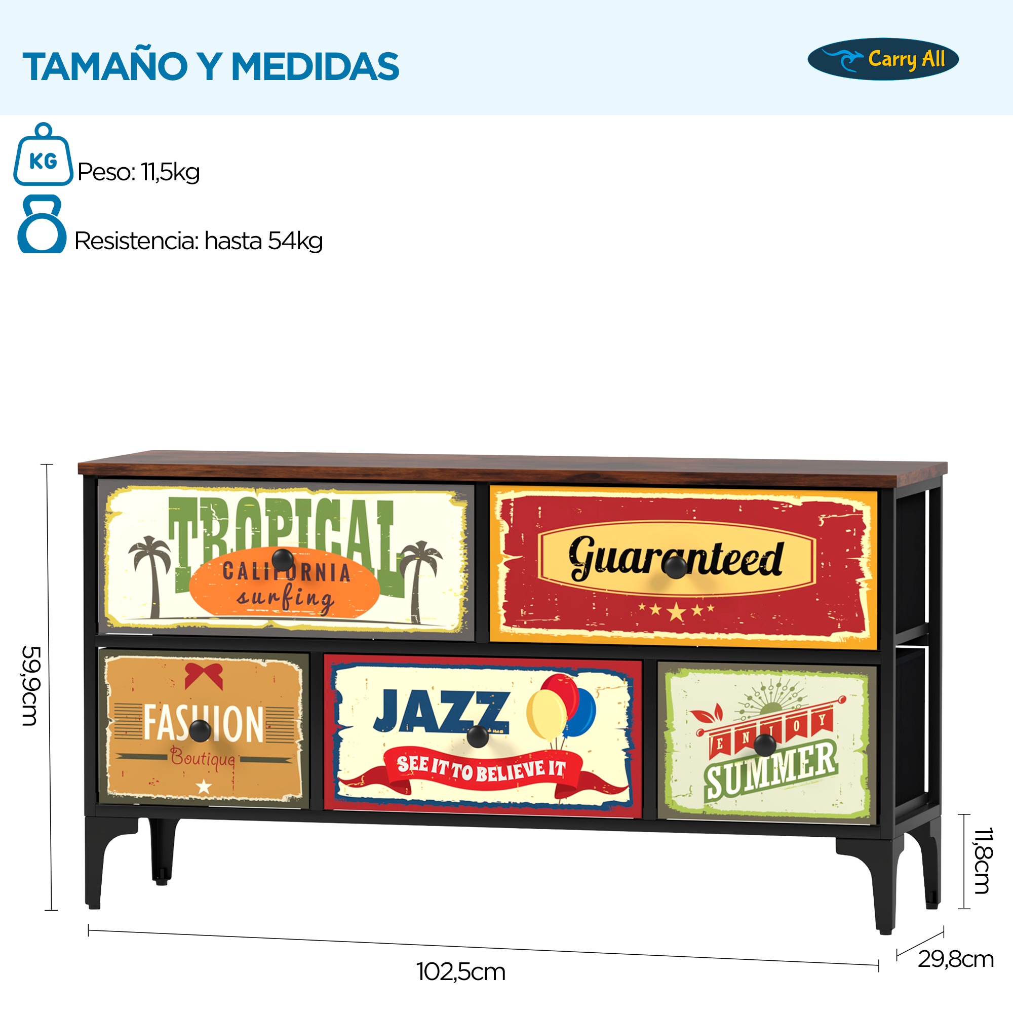 Mueble Cajonera 5 Cajones Decorados Carry All® Línea Vintage-4
