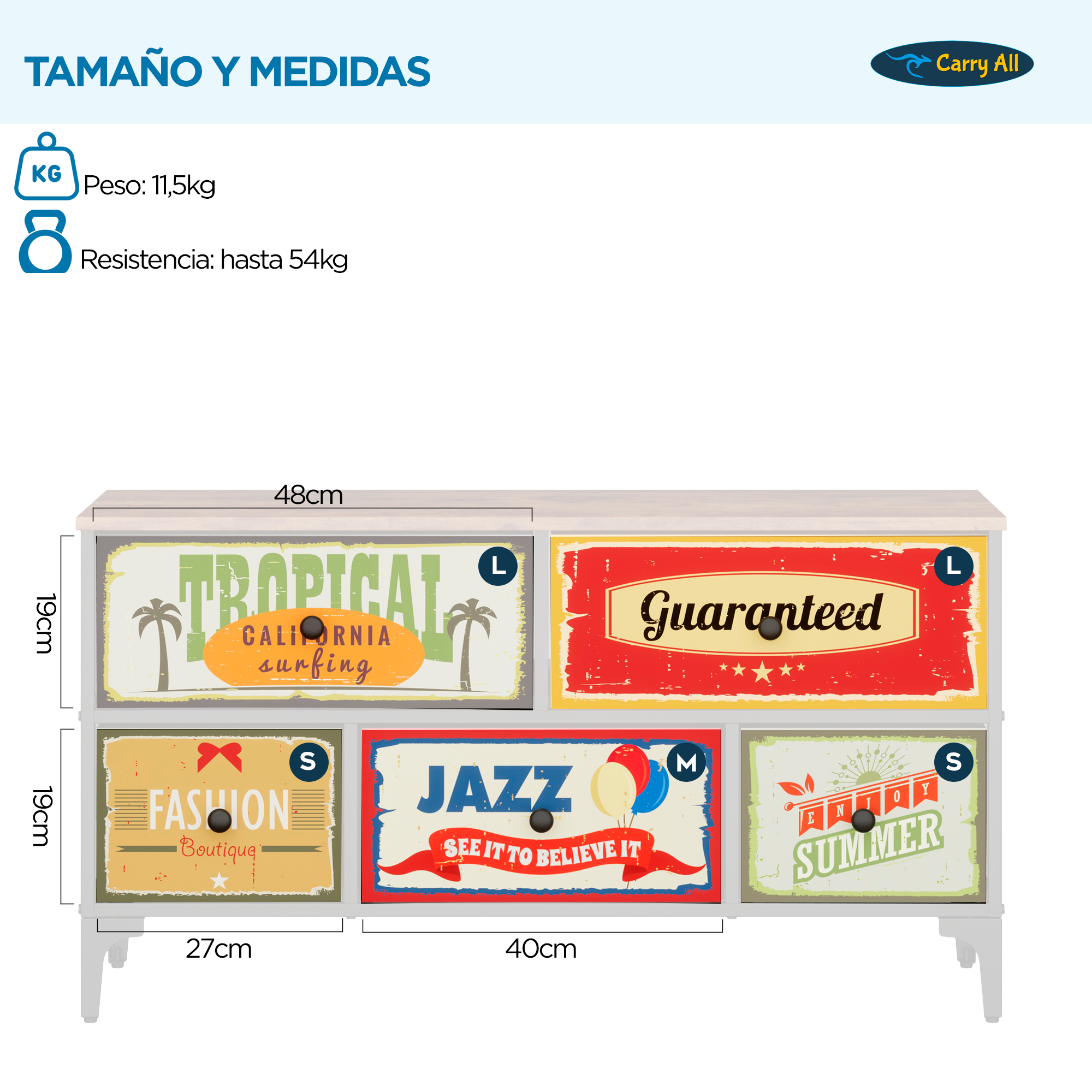 Mueble Cajonera 5 Cajones Decorados Carry All® Línea Vintage-5