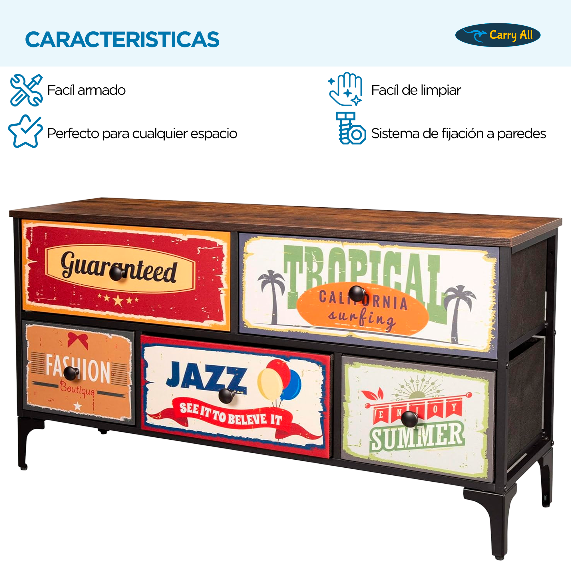 Mueble Cajonera 5 Cajones Decorados Carry All® Línea Vintage-7