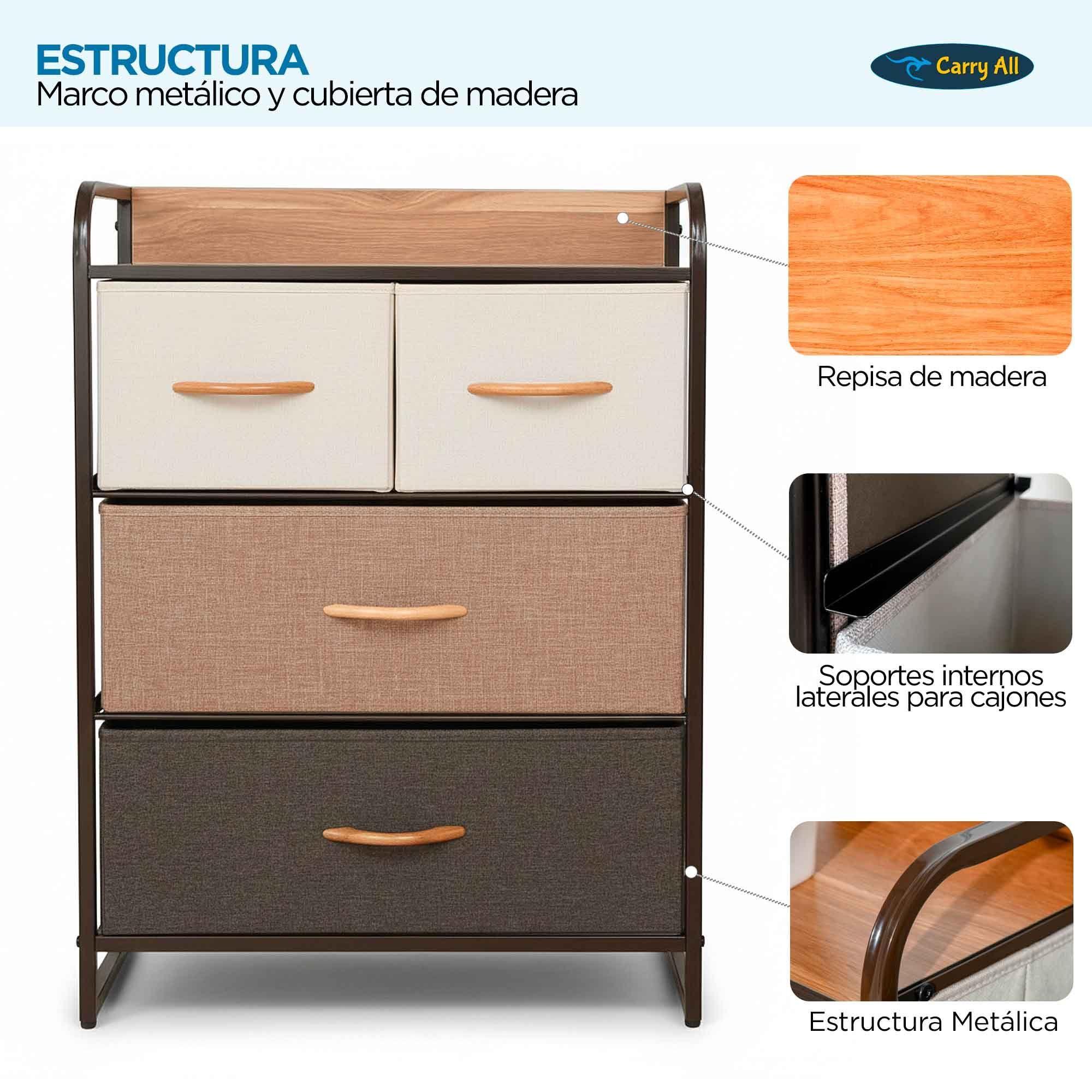Cajonera Organizador Comoda 4 Cajones Metal Madera Tela-5